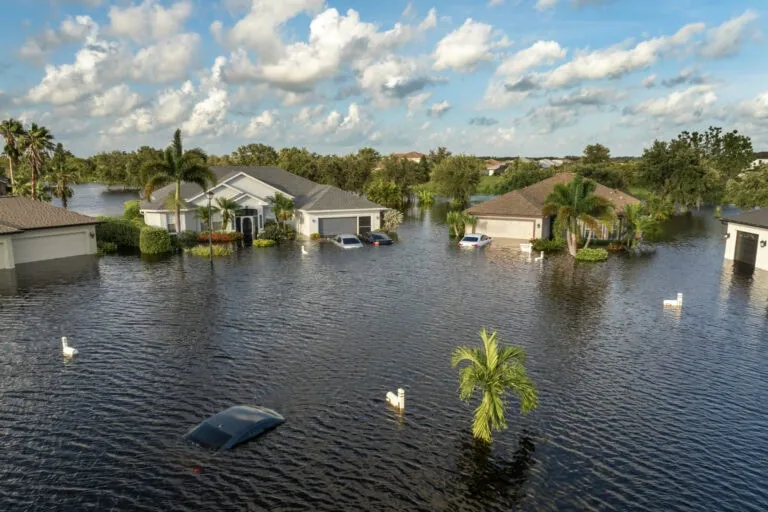 Flooded Florida street with stuck car after hurricane Debby rainfall surrounded with water